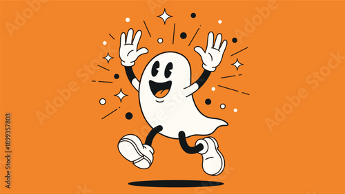 Retro style cartoon ghost jumping with joy against a bright orange background surrounded by stars and circles.