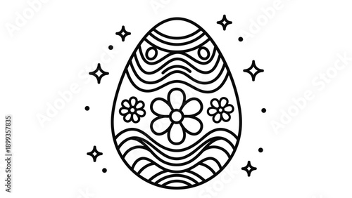 Elegant line art of a decorated Easter egg with intricate patterns and surrounding twinkling stars for coloring.