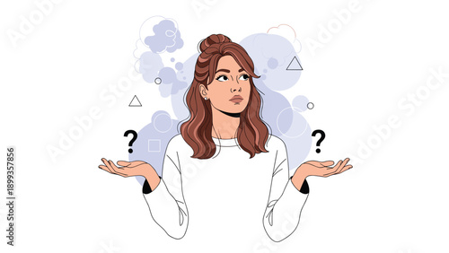 Expressive illustration of a young woman shrugging with her hands open and question marks indicating uncertainty.