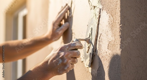 Craftsman applying textured stucco to a wall with professional precision