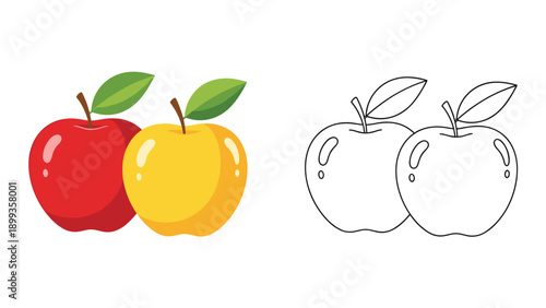 Comparison of a red and a yellow apple with their corresponding line art drawing version for educational purposes.