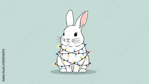 Fluffy white rabbit sitting calmly while wrapped in a string of glowing multi-colored Christmas fairy lights.