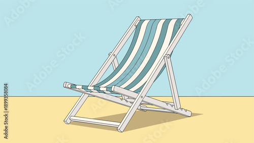 Classic blue and white striped folding beach chair on a sunny sandy shore under a clear and bright blue sky.