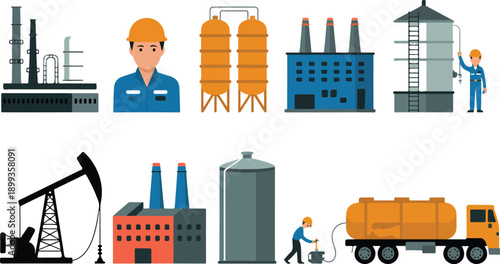 Oil and Gas Refinery Essentials Icon Set  Factories, Tanks, Pipelines, and Fuel Truck