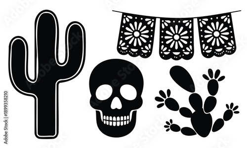 Mexican themed black vector icons: saguaro cactus, sugar skull, prickly pear, papel picado banner, isolated on white