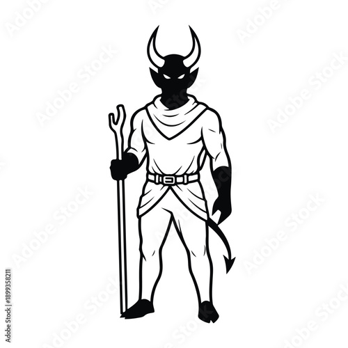 Black devil character with horns and pitchfork standing alone