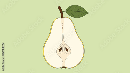 Half of a ripe pear fruit showing the core and dark seeds on a soothing light green backdrop for culinary use.