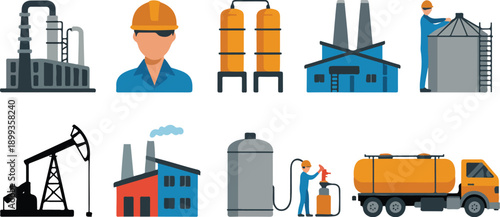 Oil and Gas Refinery Essentials Icon Set  Factories, Tanks, Pipelines, and Fuel Truck