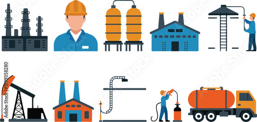Oil and Gas Refinery Essentials Icon Set  Factories, Tanks, Pipelines, and Fuel Truck