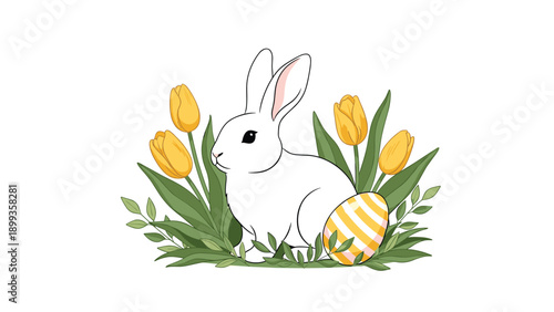 Cute white rabbit sitting in green grass surrounded by bright yellow tulips and a decorated Easter egg on white.