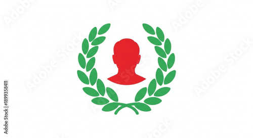 Red silhouette of a person's head and shoulders surrounded by a green laurel wreath on white background symbolizing achievement and honor