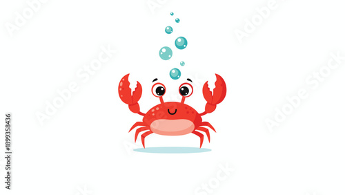 Adorable red cartoon crab blowing bubbles under the sea in a cheerful and friendly illustration for kids and aquatic themes.