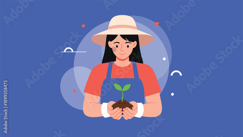 Young female gardener wearing a hat and apron while holding a small green plant sprout with care against a blue background.