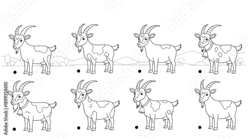 Educational activity page for children featuring eight similar goats for finding differences or coloring practice.