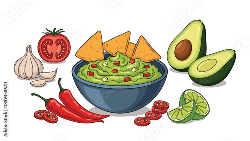 Delicious bowl of guacamole dip surrounded by fresh ingredients like avocados, tomatoes, limes, chili peppers, garlic, and chips.