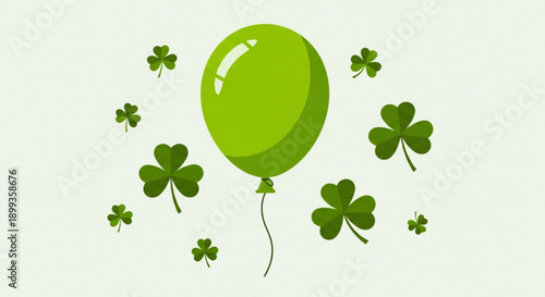 Green balloon floats amidst lush shamrocks on light background symbolizing luck and celebration