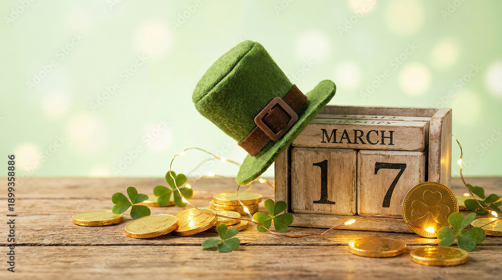 Obraz premium St Patrick's Day: green hat, gold coins, March 17, created AI