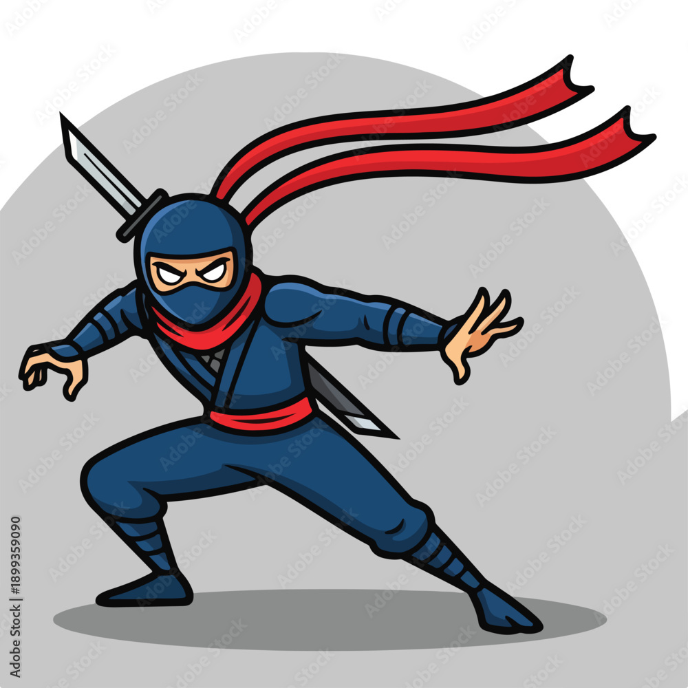 Obraz premium Cartoon ninja character in blue costume with red scarf and sword