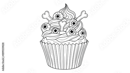 Spooky Halloween cupcake topped with frosting, several eyeballs, and crossbones in a detailed black and white line art.