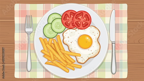 Plate of healthy breakfast consisting of a fried egg, french fries, cucumber slices, and tomato pieces on a colorful placemat.
