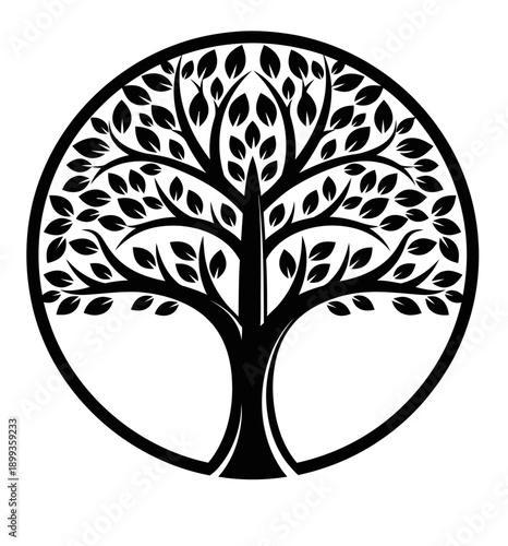Black and white illustration of a tree of life with intricate branches