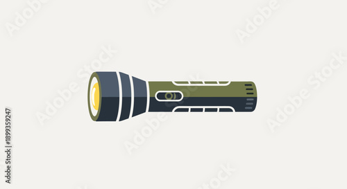 Black metal LED flashlight technology tool with plastic battery compartment isolated on white background