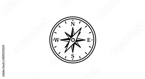 A vector clock icon on a white background incorporates a wind rose star symbol to represent a navigation concept for travel and adventure business design