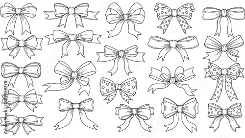 Large collection of hand drawn ribbon bows in various styles and patterns for decorative design and craft projects.