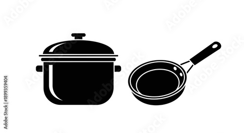 A professional set of stainless steel pots and a stainless steel pan featuring lids and handles isolated on a white background for kitchen cooking and food preparation