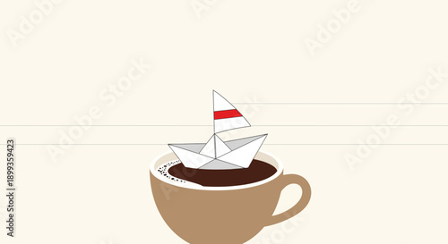 Minimalist vector illustration of a hot cup of brown espresso coffee with steam and a mug of roasted beans on a white background for a cafe breakfast beverage logo