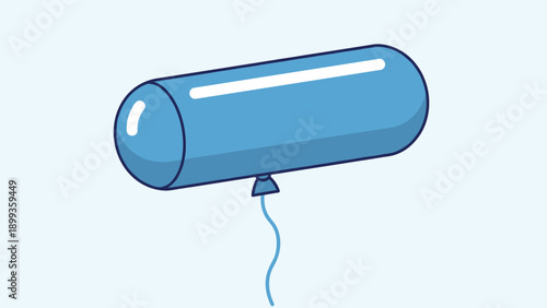Long blue cylinder shaped balloon with white highlights floating in the air against a light blue gradient background with a string.