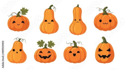 Collection of eight diverse orange pumpkins with various cute and spooky facial expressions for autumn and halloween season celebrations.