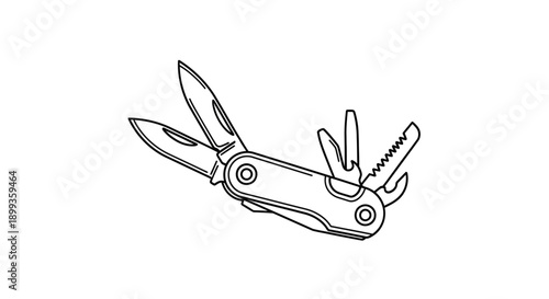 Isolated silhouette of a deer head and hand integrated into a sharp steel Swiss army penknife multitool object with a multipurpose metal blade and cutting equipment