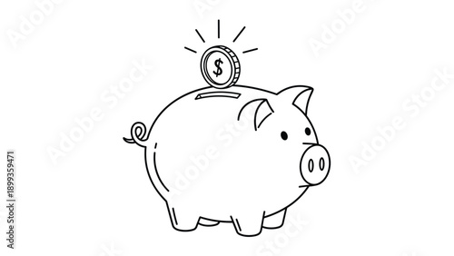Simple black and white line drawing of a piggy bank with a dollar coin being inserted into the slot on top for savings concept.