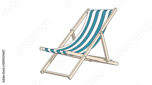 Striped blue and white beach lounge chair made of light wood shown from a side angle against a plain white background for summer theme.