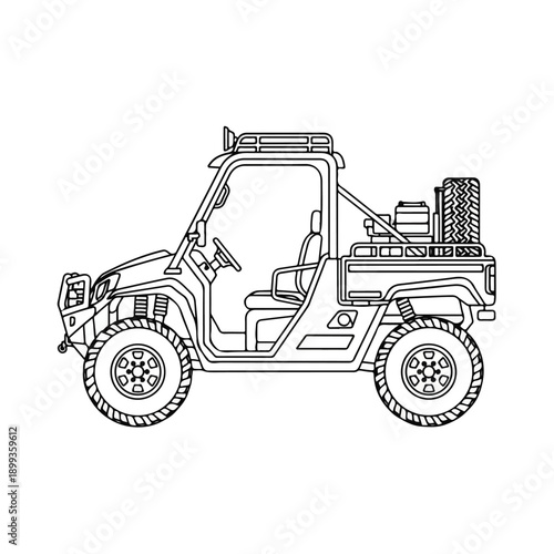Off road vehicle with spare tire and luggage on back