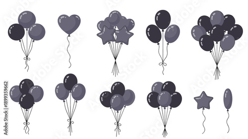 Collection of eleven different balloon bunches and single balloons in various shapes like heart and star in monochrome grey shades for design.