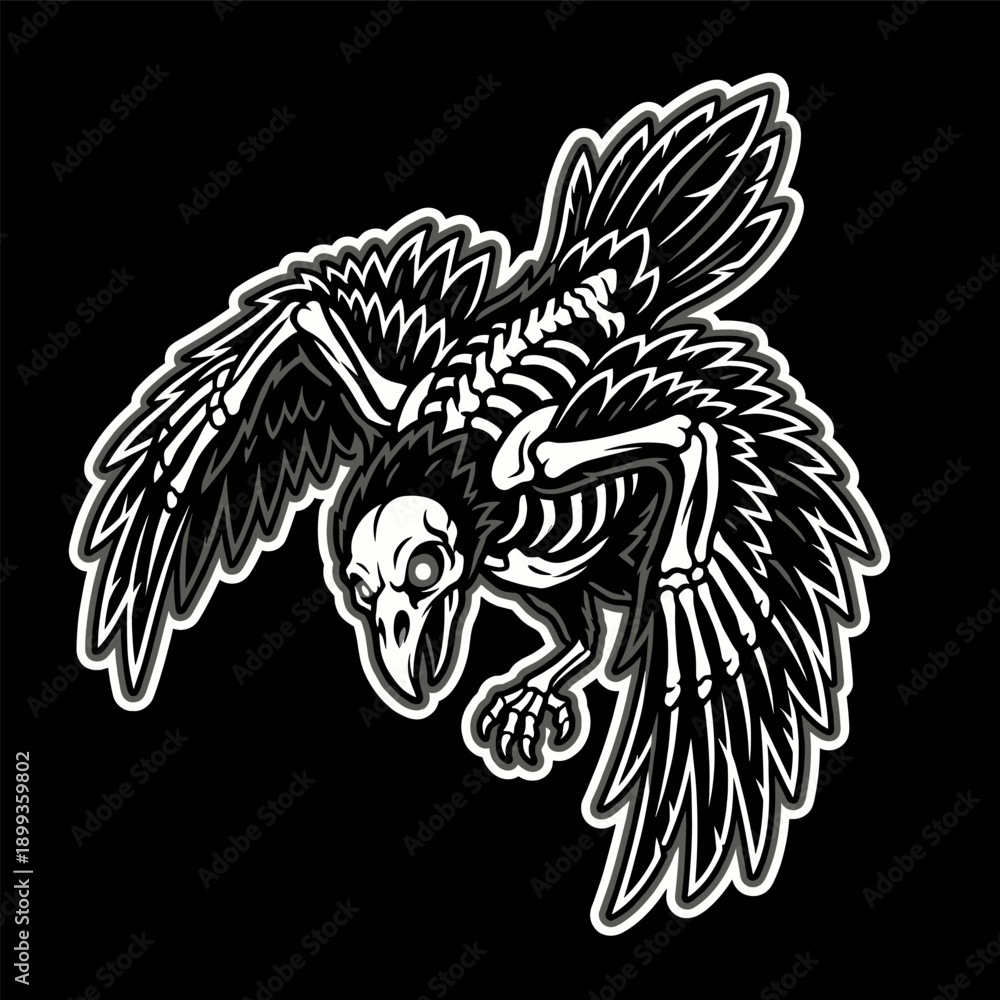 Obraz premium Flying Skeletal Raven Gothic Apparel Design