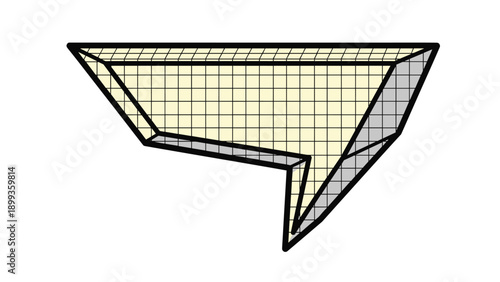 Complex 3D geometric shape with a grid pattern surface and shaded facets creating a perspective effect on a plain white background.