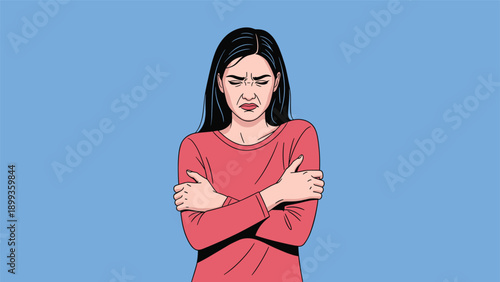 Illustration of a woman in a red shirt feeling cold and shivering with her arms crossed and a distressed expression on a blue background.