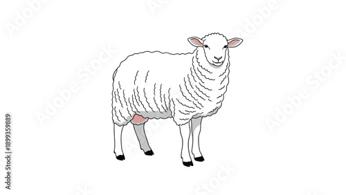 Realistic illustration of a white fluffy sheep with black hooves standing peacefully on a plain white background in a simple style.