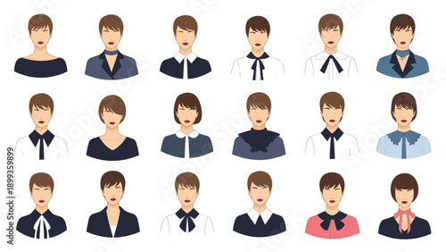 Grid of female avatars with different hairstyles and various office outfits such as shirts, blouses, and jackets in professional styles.