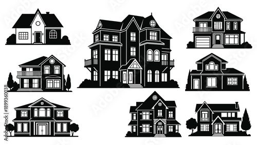 Set of black and white silhouettes of various residential houses ranging from small cottages to large multi-story mansions.