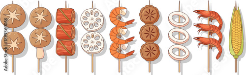 Grilled food skewer icon set with seafood, meat and vegetables in flat vector style for barbecue, street food and restaurant design