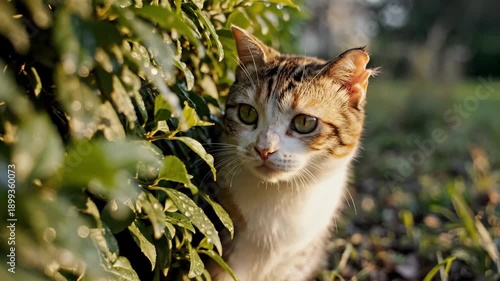 Wallpaper Mural Cute cat close up among green leaves with water drops on a sunny day. Domestic animal hiding in bush looking forward. Torontodigital.ca