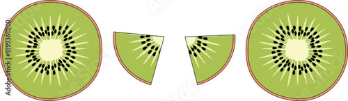 Kiwi fruit slices and halves illustration set in flat vector style for fresh food, healthy nutrition and organic design projects