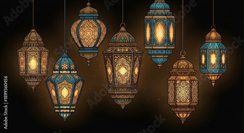 Vibrant blue and gold lanterns hanging in dark background with warm lighting for ramadan or islamic decor