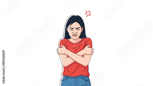 Frustrated young woman in a red shirt shivering and crossing her arms with an angry expression and stress symbol.