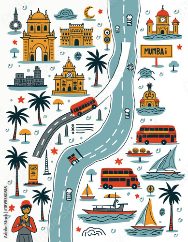 Mumbai City Travel Doodle Illustration with Landmarks, Street Culture and Urban Icons