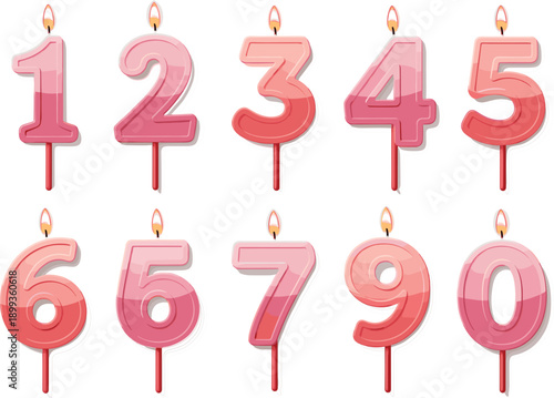 Pink number birthday candles icon set with digits and flames in flat vector style for party, anniversary and celebration design